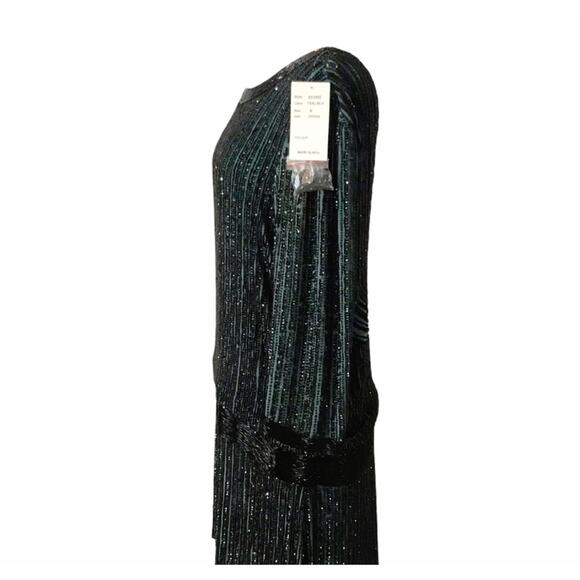Cocktail Dress Blouson Black/Green Embellished Open Back Boat Neck Mini Medium - Picture 4 of 10